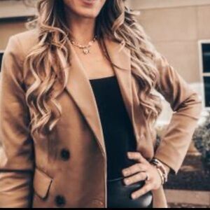 Express Supersoft Double Knit Double Breasted Blazer Oversized Boyfriend CAMEL